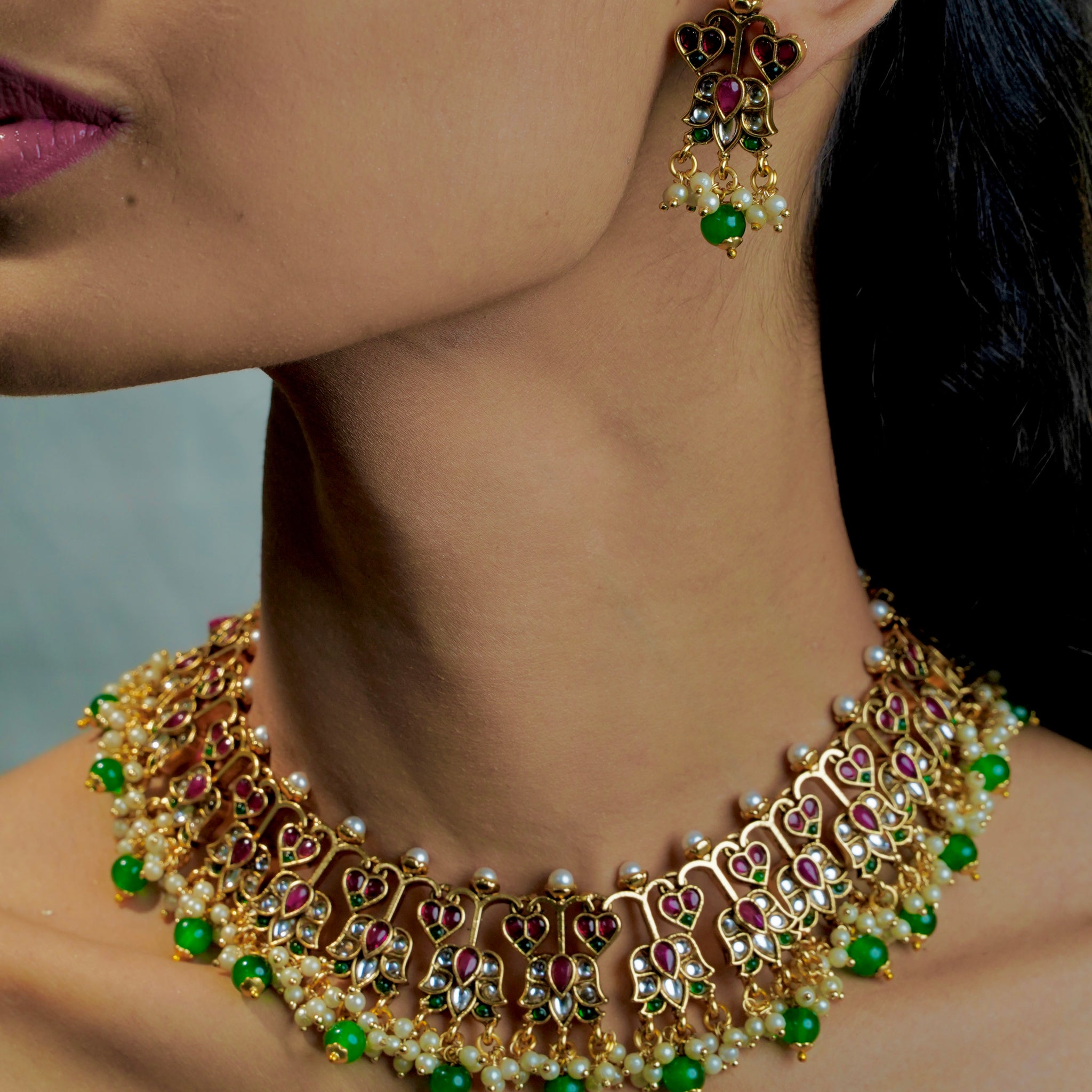 Phool Mahal – Floral kemp Necklace with Colourful Stones & Green Beads