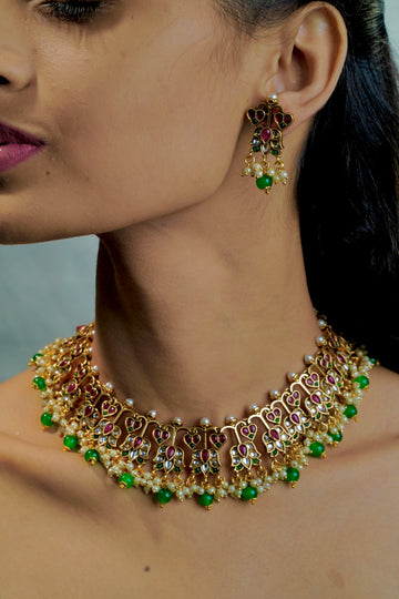 Phool Mahal – Floral kemp Necklace with Colourful Stones & Green Beads