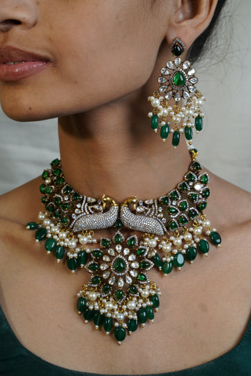 Peacock Royale – Victorian Necklace with Green Stones, Crystals & Floral Detailing