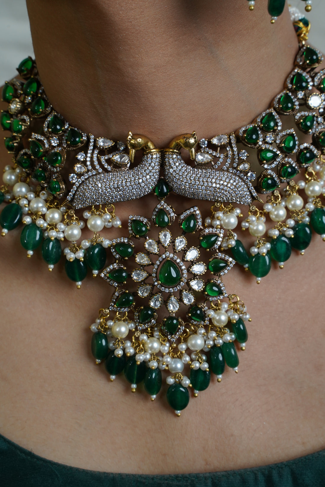 Peacock Royale – Victorian Necklace with Green Stones, Crystals & Floral Detailing
