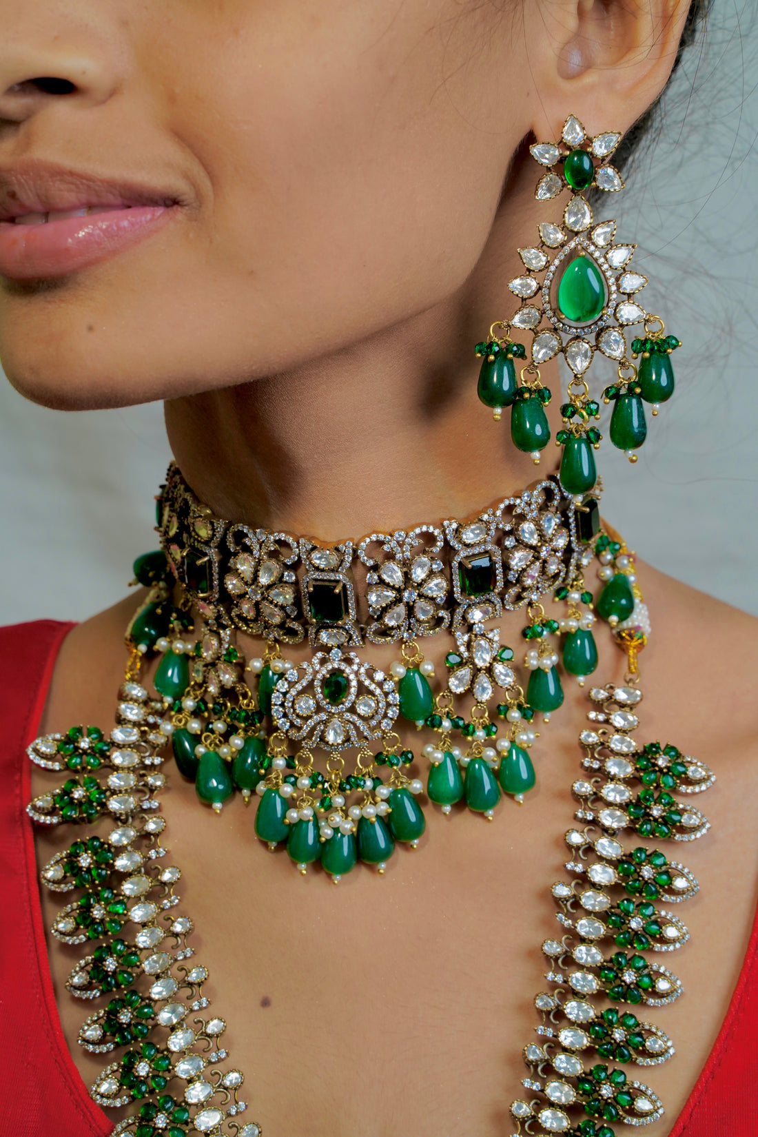 Victorian Emerald Royale – Choker & Long Necklace Combo with Peacock & Crystal Floral Design