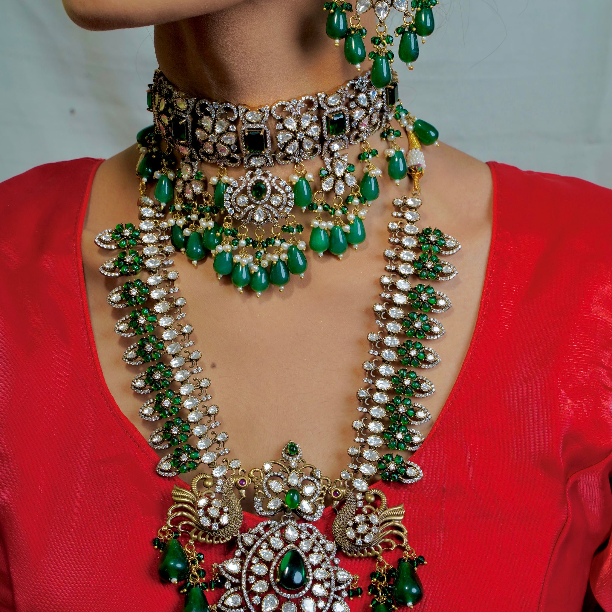 Victorian Emerald Royale – Choker & Long Necklace Combo with Peacock & Crystal Floral Design