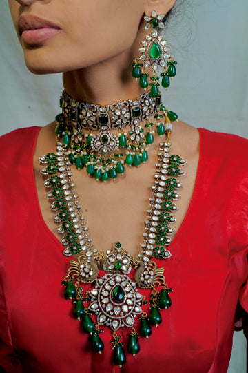 Victorian Emerald Royale – Choker & Long Necklace Combo with Peacock & Crystal Floral Design
