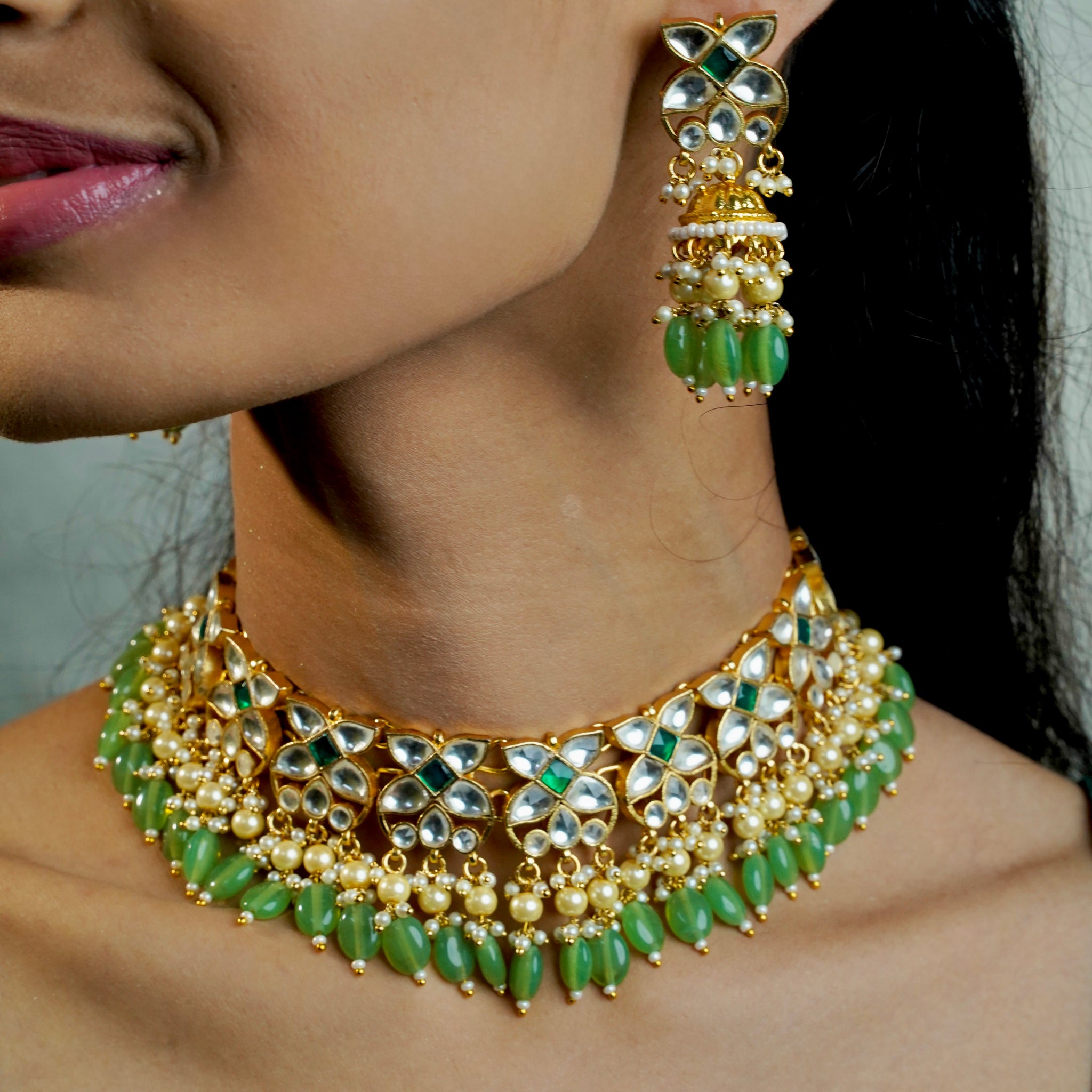 Mint Elegance – Handcrafted Pachi Kundan Choker with Crystal Shine