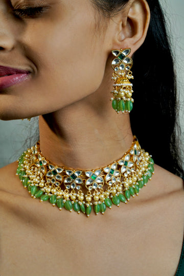 Mint Elegance – Handcrafted Pachi Kundan Choker with Crystal Shine