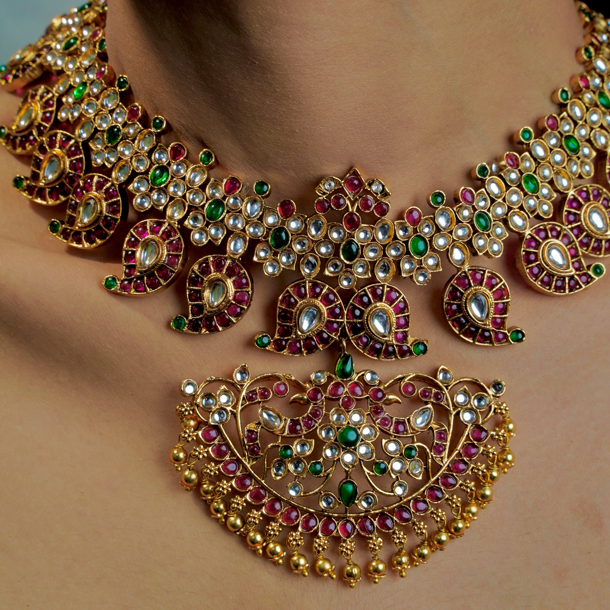 Bridal Antique Kemp Necklace with Multicolor Stones & Leaf with Jhumka