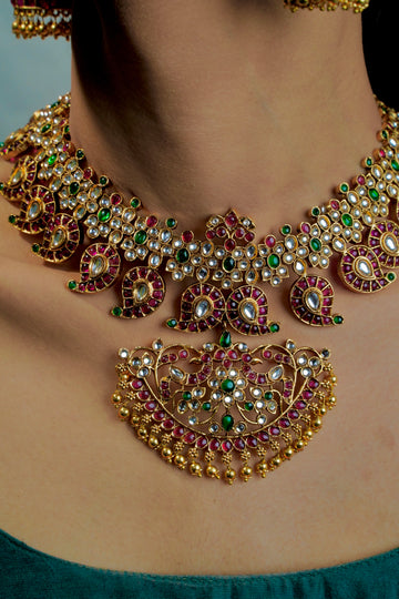 Bridal Antique Kemp Necklace with Multicolor Stones & Leaf with Jhumka
