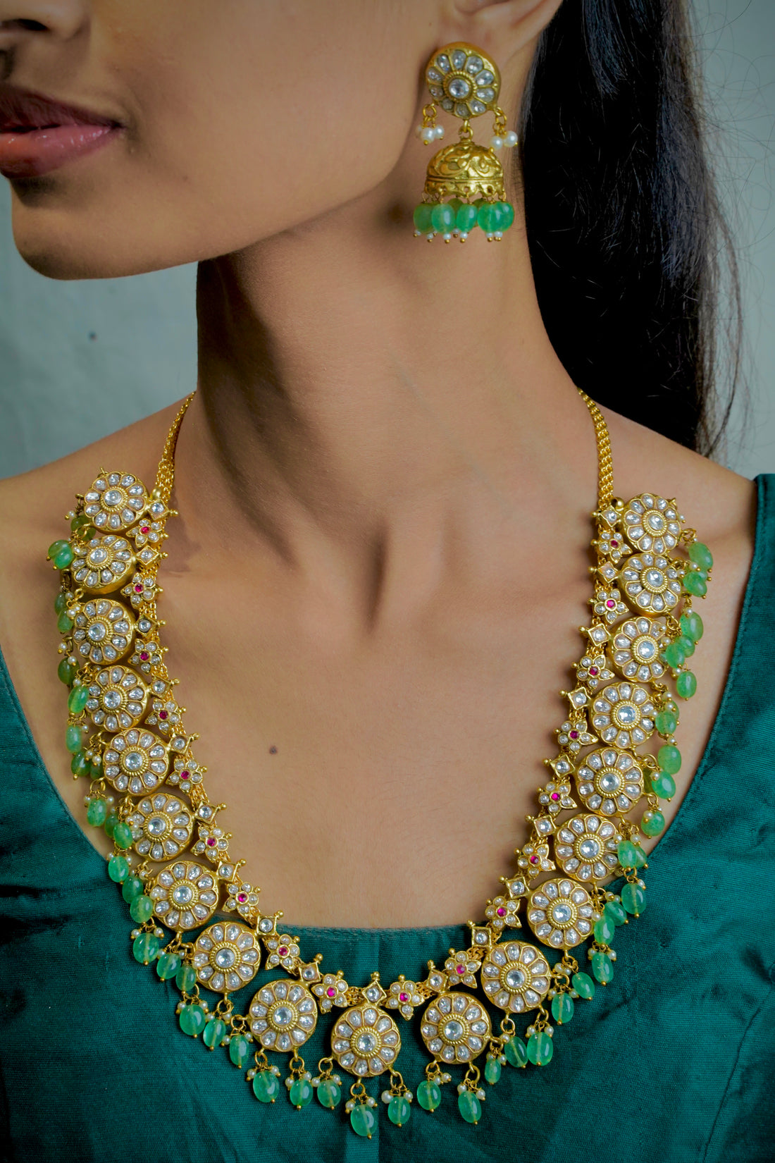 Antique Blossom Long – Pastel Green & 18k Gold Floral Long Necklace