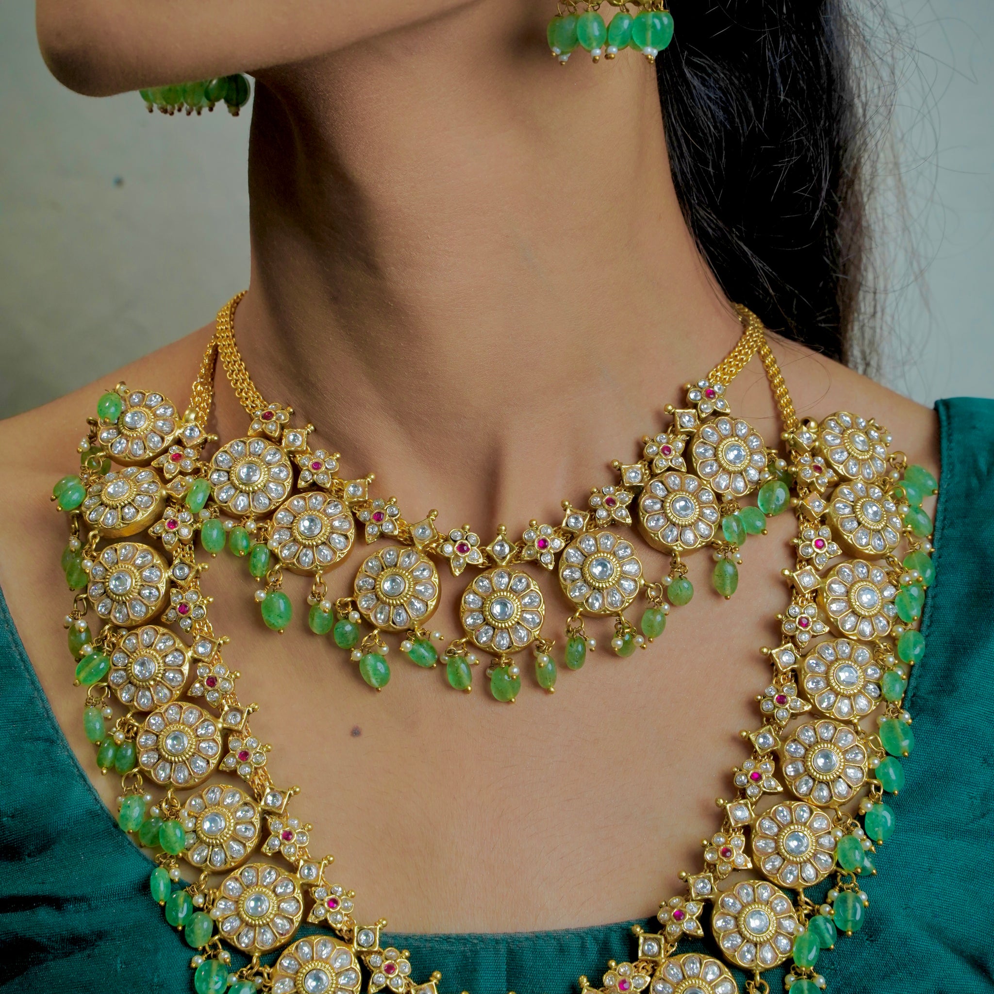 Antique Blossom Duo – Pastel Green & 18k Gold Floral Necklace Set (Choker + Long)