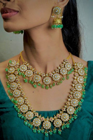 Antique Blossom Duo – Pastel Green & 18k Gold Floral Necklace Set (Choker + Long)