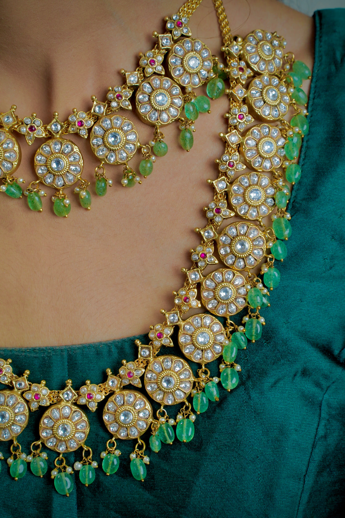 Antique Blossom Duo – Pastel Green & 18k Gold Floral Necklace Set (Choker + Long)