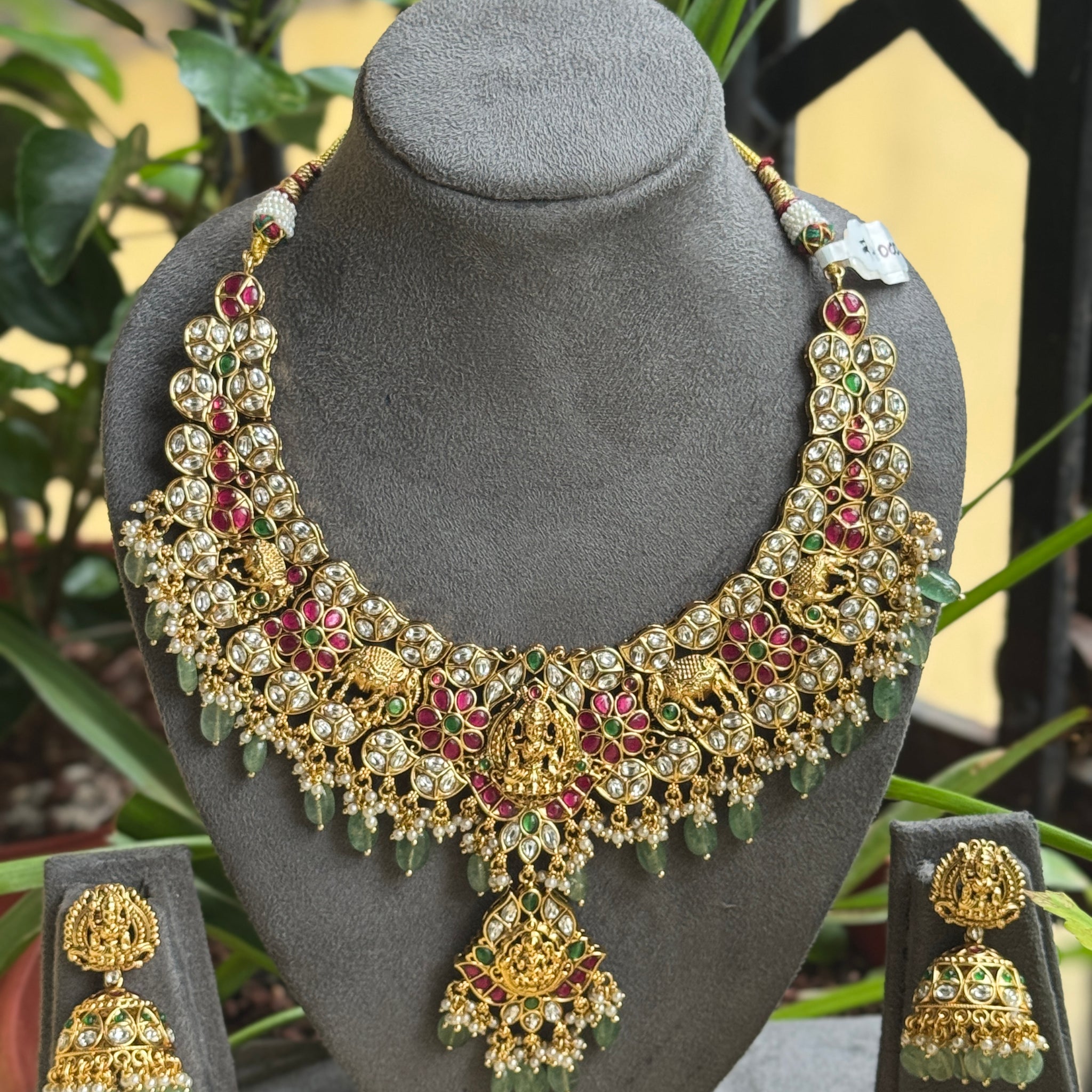 Jadau Necklace with Pastel Green Beads and Lakshmi Kundan