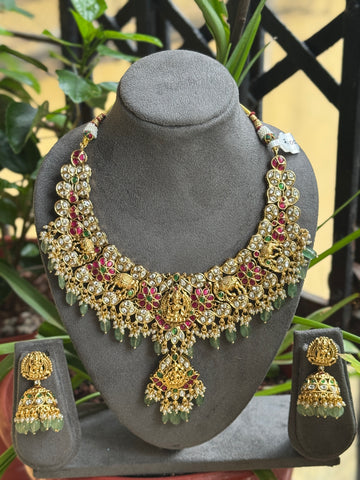 Jadau Necklace with Pastel Green Beads and Lakshmi Kundan