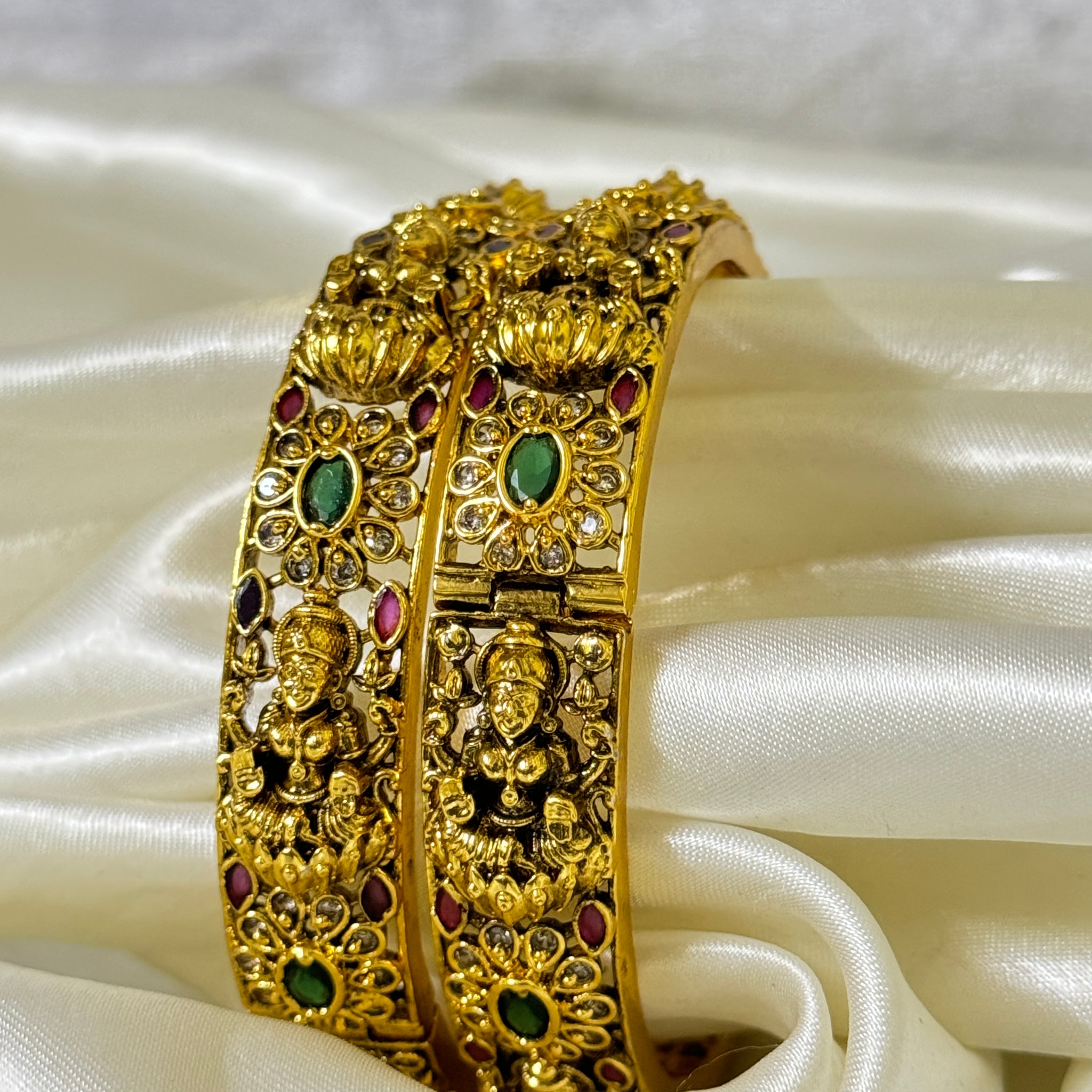 Heritage Lakshmi Design Bangles with Pink and Green Stone Detailing(openable)