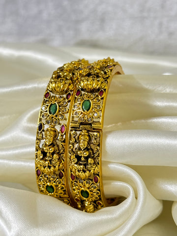 Heritage Lakshmi Design Bangles with Pink and Green Stone Detailing(openable)