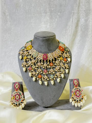 Kundan Necklace with White Beads and Colorful Design