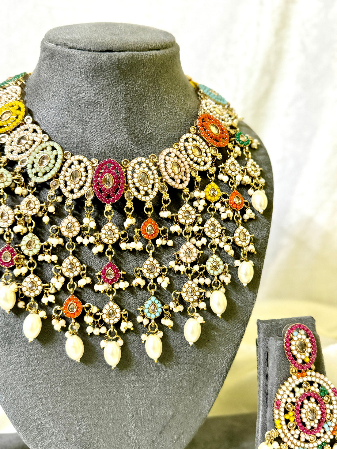 Kundan Necklace with White Beads and Colorful Design