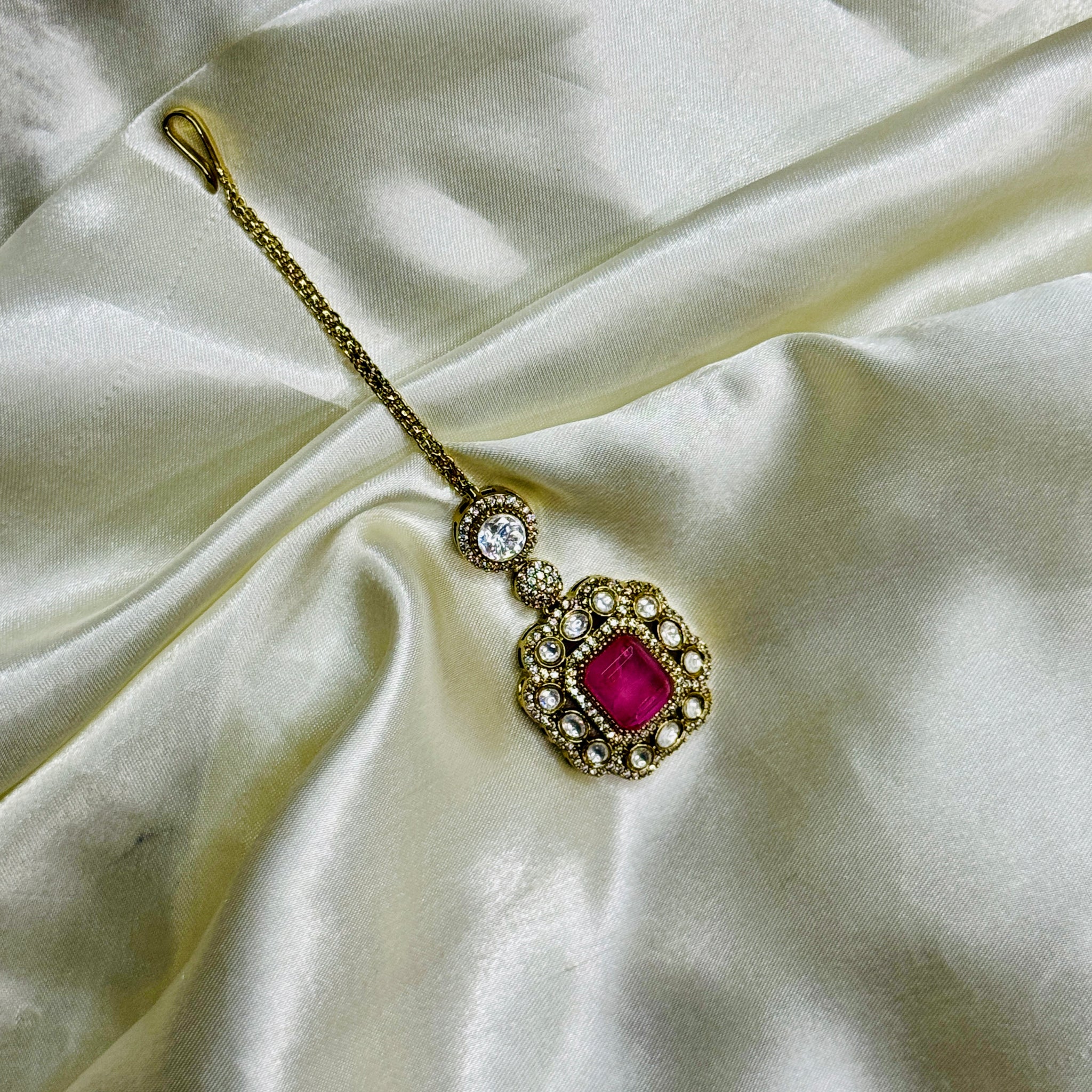 Victorian Mangtikka with Pink Stone and Crystal Accents