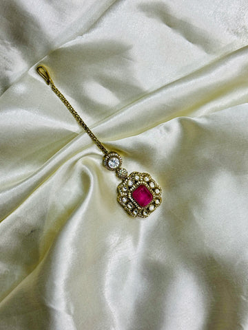 Victorian Mangtikka with Pink Stone and Crystal Accents