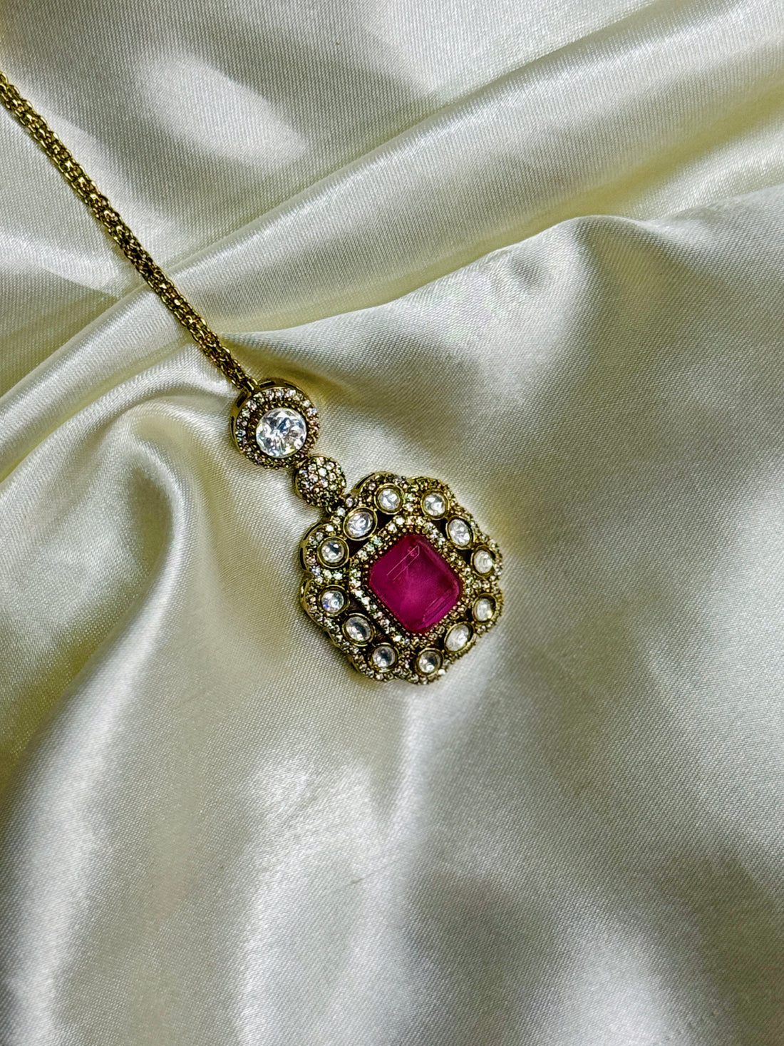 Victorian Mangtikka with Pink Stone and Crystal Accents