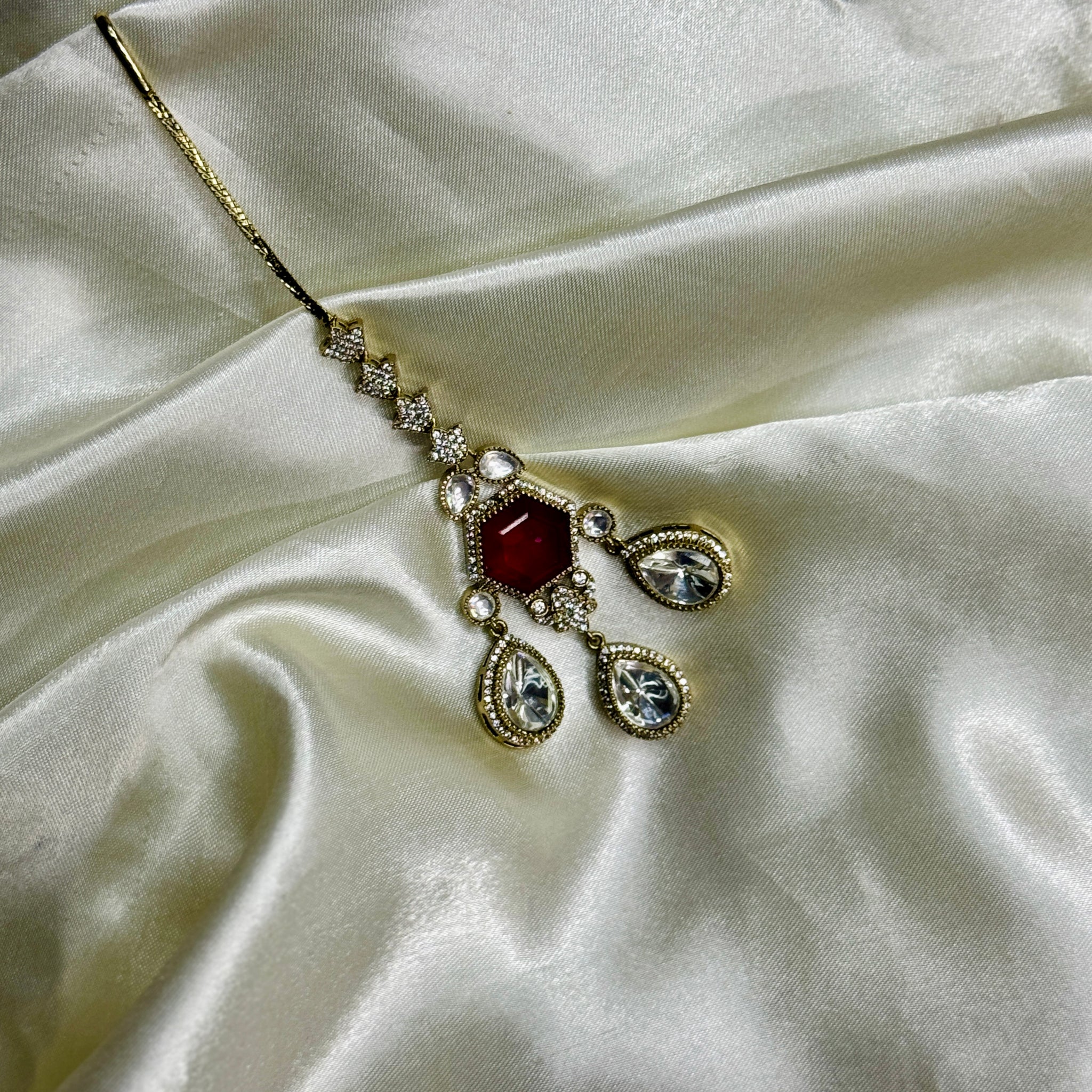 Crimson Elegance Victorian Mangtikka with Crystal Beads