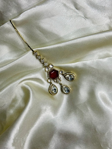 Crimson Elegance Victorian Mangtikka with Crystal Beads