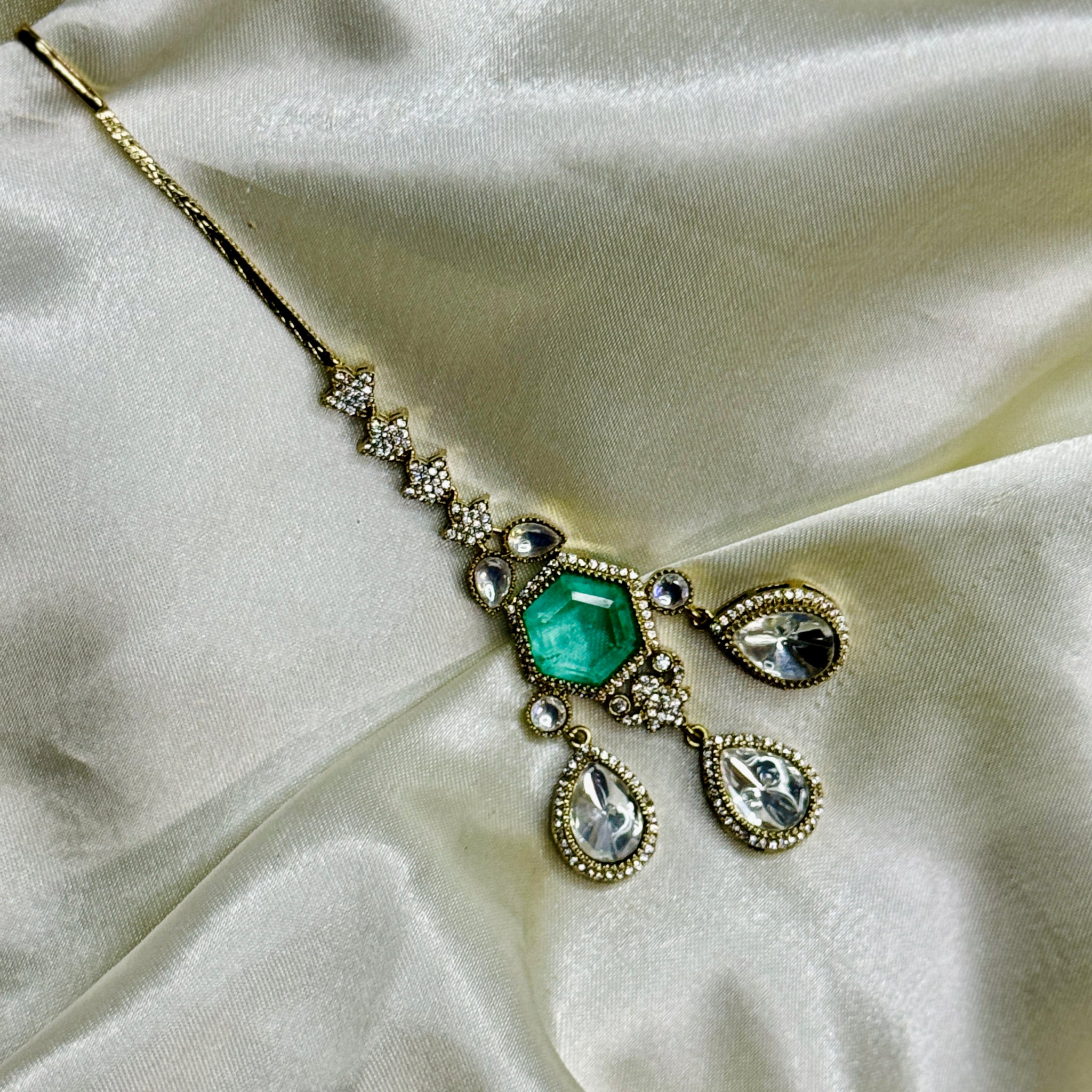 Ethereal Victorian Mangtikka with Pastel Green Stone and Crystal Highlights