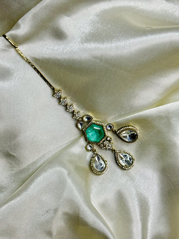 Ethereal Victorian Mangtikka with Pastel Green Stone and Crystal Highlights