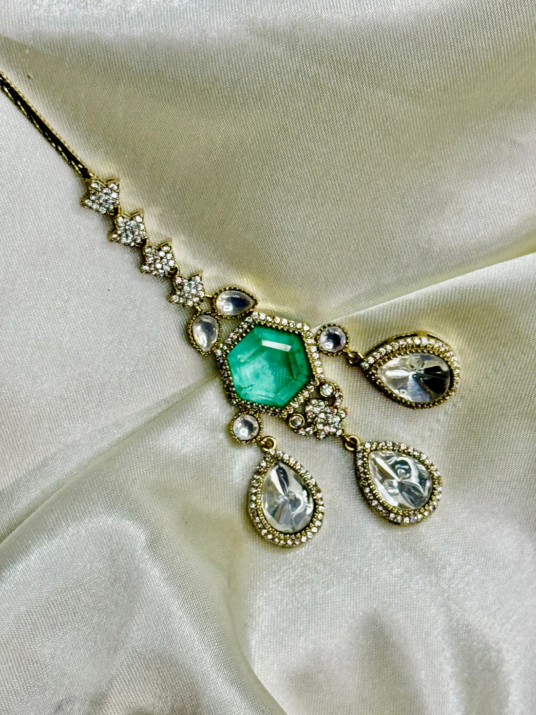 Ethereal Victorian Mangtikka with Pastel Green Stone and Crystal Highlights