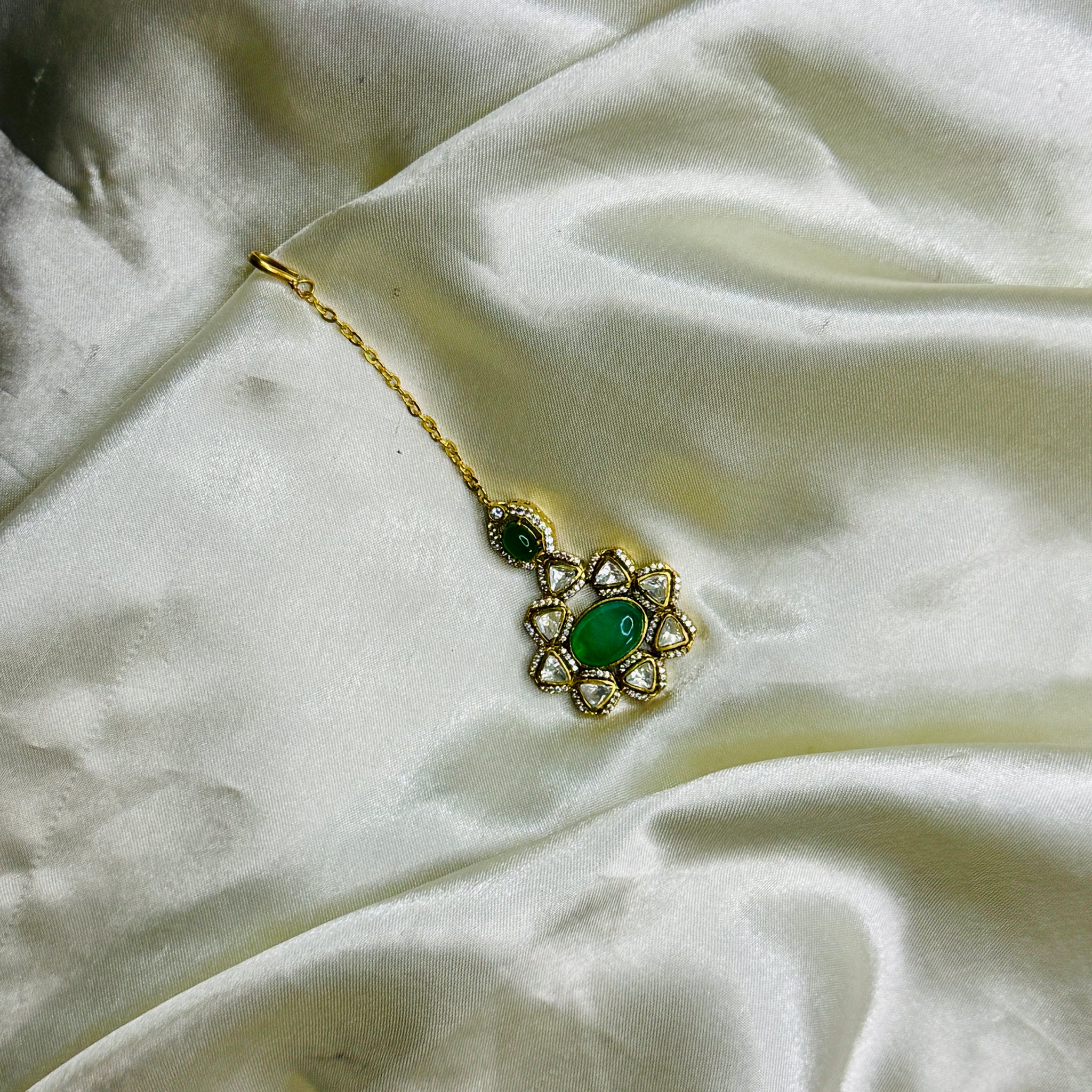 Pastel Green Charm Victorian Mangtikka with Crystal Stone Detailing
