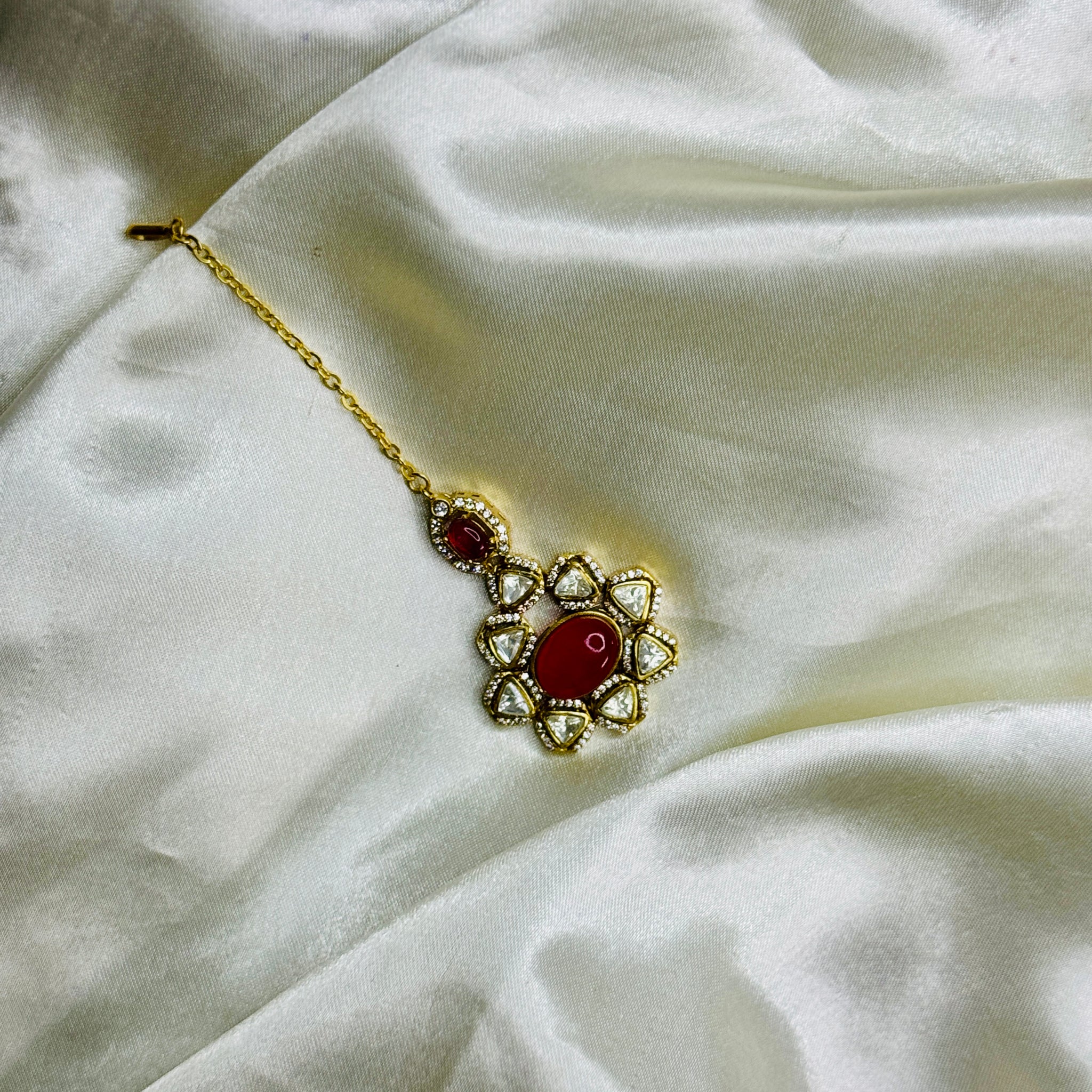 Crimson Radiance Victorian Mangtikka with Crystal Stone Detailing