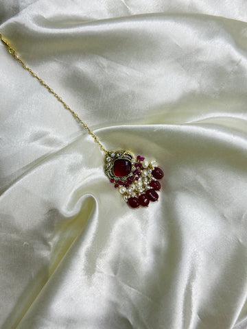 Regal Radiance: Victorian Maangtikka with Red Stone and White Beads