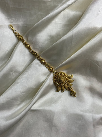 Golden Bloom: Antique Maangtikka with Leaf Motif and Golden Beads