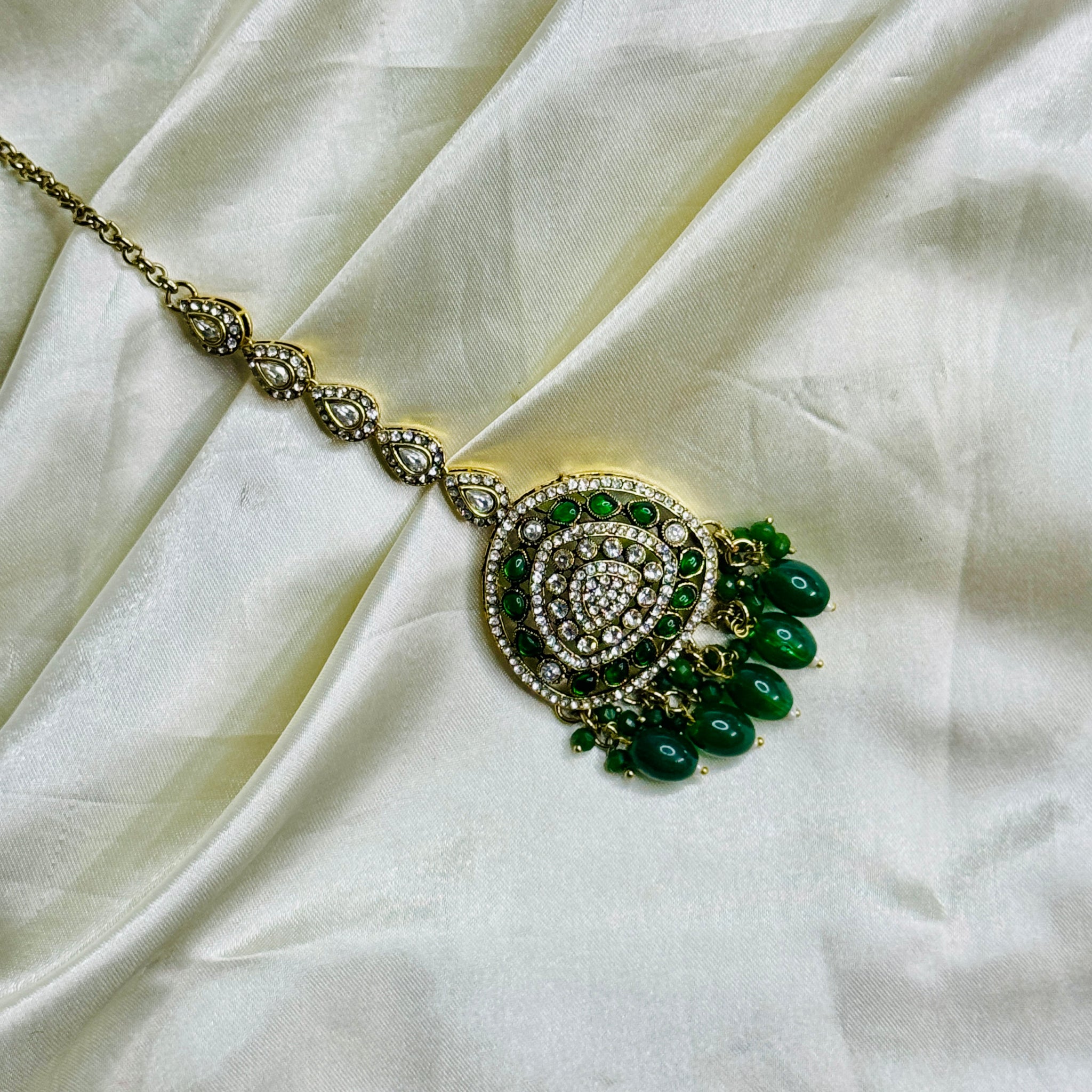 Verdant Royalty: Victorian Maangtikka with Green Stones and Green Beads