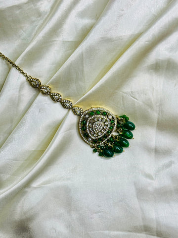 Verdant Royalty: Victorian Maangtikka with Green Stones and Green Beads