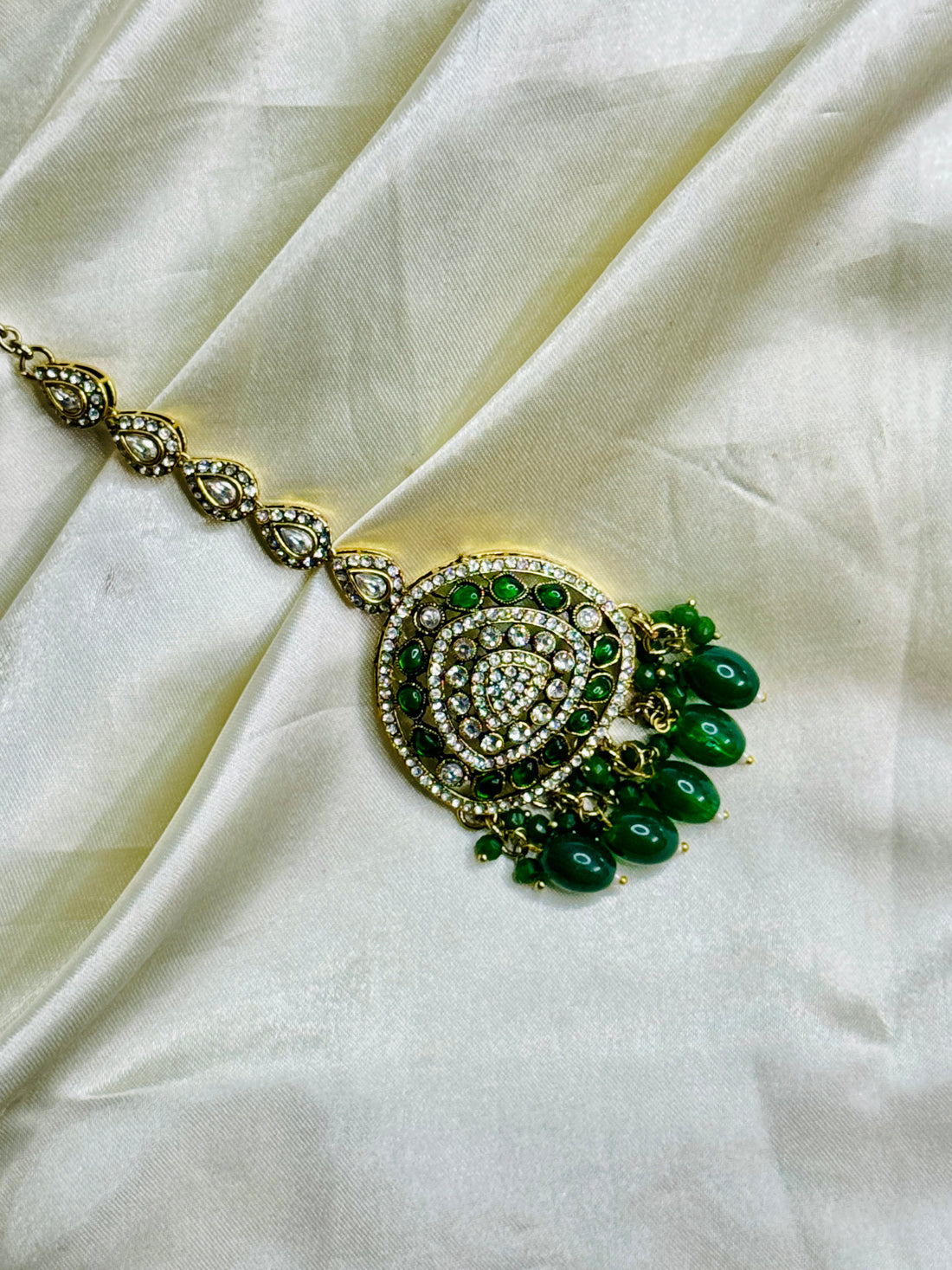 Verdant Royalty: Victorian Maangtikka with Green Stones and Green Beads