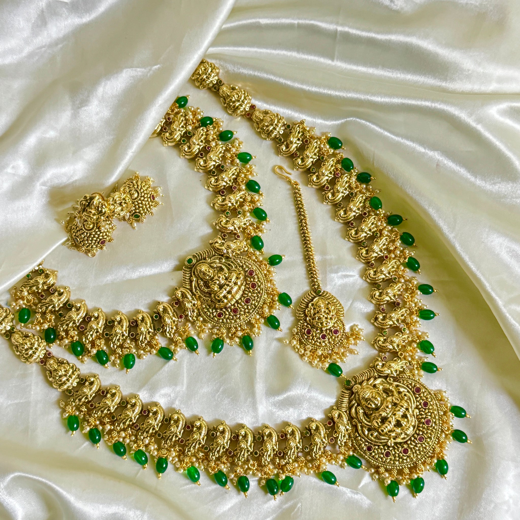 Bridal Temple Golden Combo Set in Green Beads