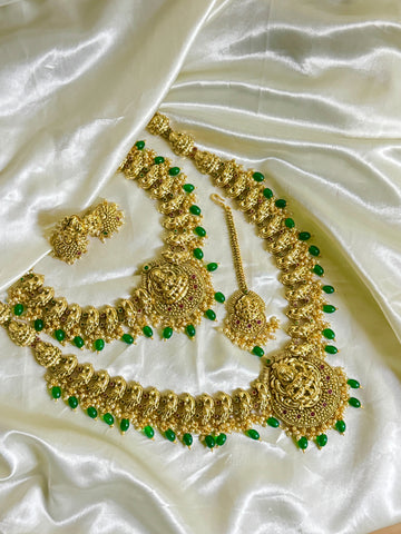 Bridal Temple Golden Combo Set in Green Beads