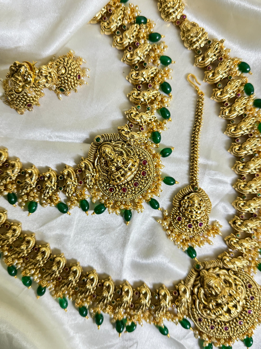 Bridal Temple Golden Combo Set in Green Beads