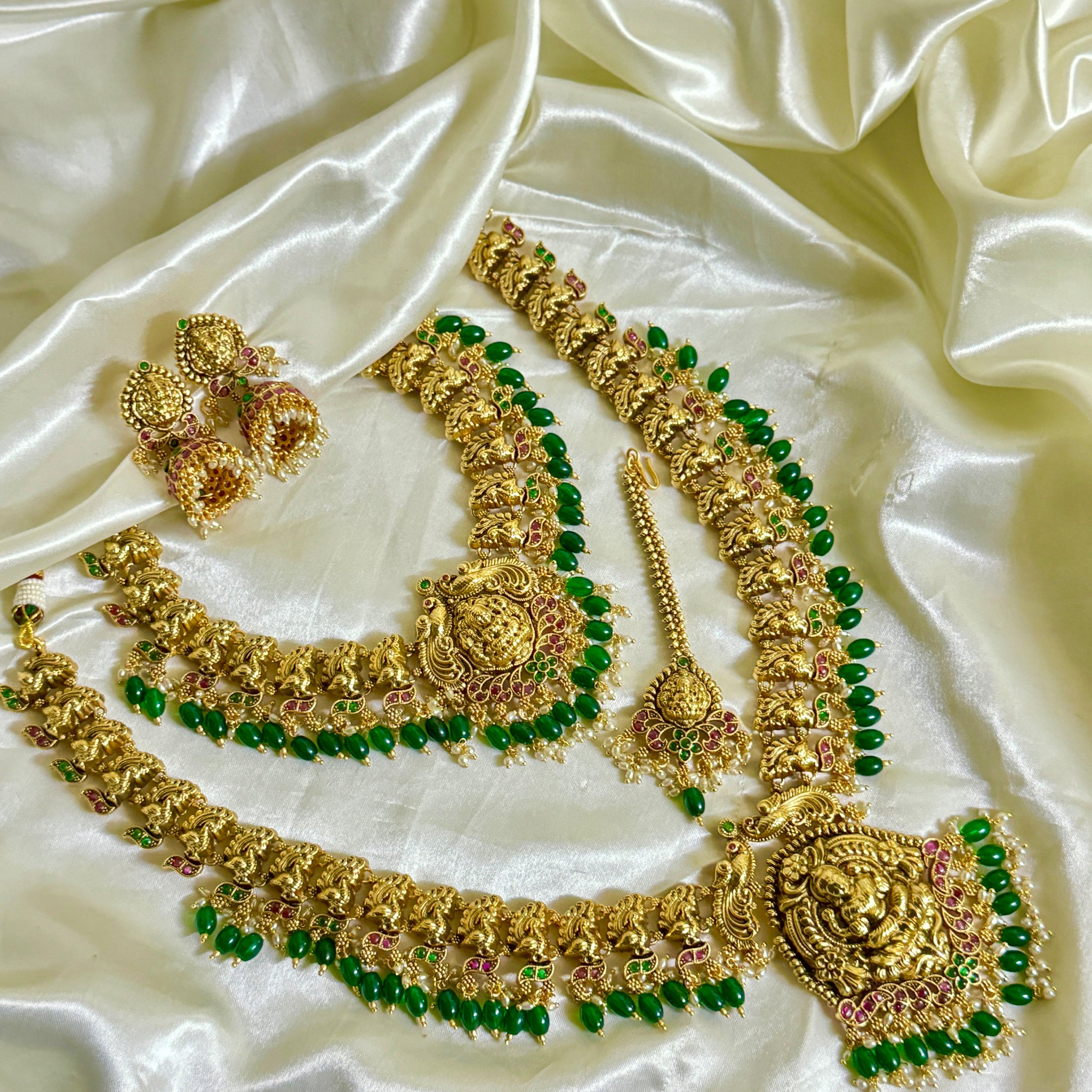 Bridal Lakshmi Golden Combo Set in Green Beads