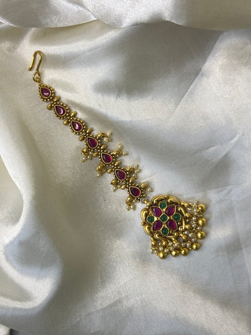 Antique Floral Maangtikka with Golden Beads & Stone Accents