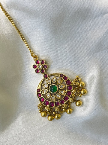 Antique Crystal Maangtikka with Golden Beads
