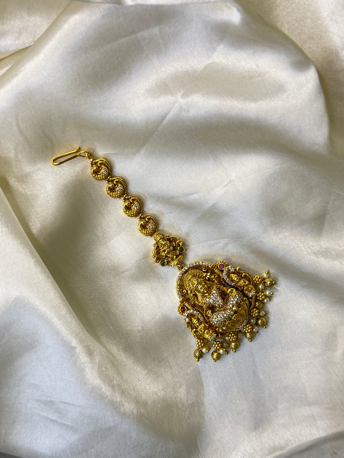 Divine Glory Antique Lakshmi & Peacock Maangtikka with Crystal Accents