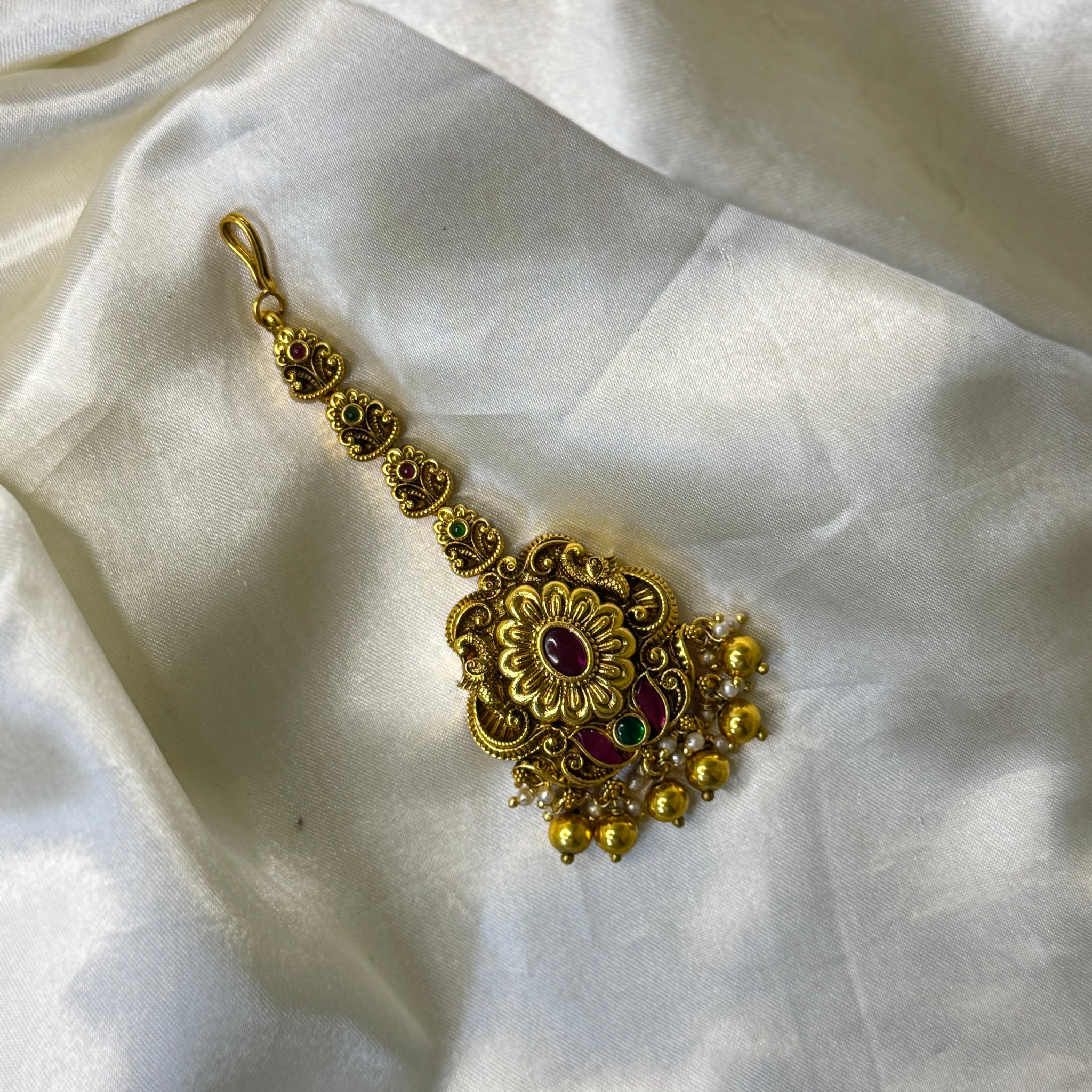 Antique Peacock & Floral Maangtikka with Golden Beads