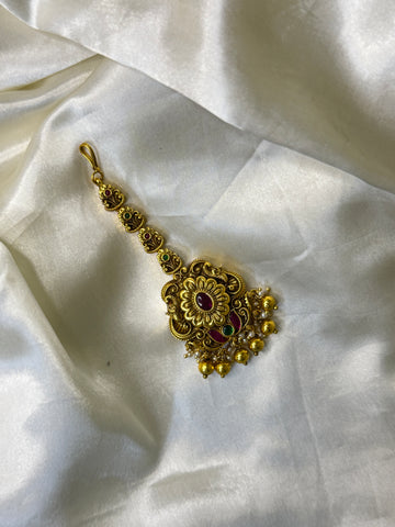 Antique Peacock & Floral Maangtikka with Golden Beads