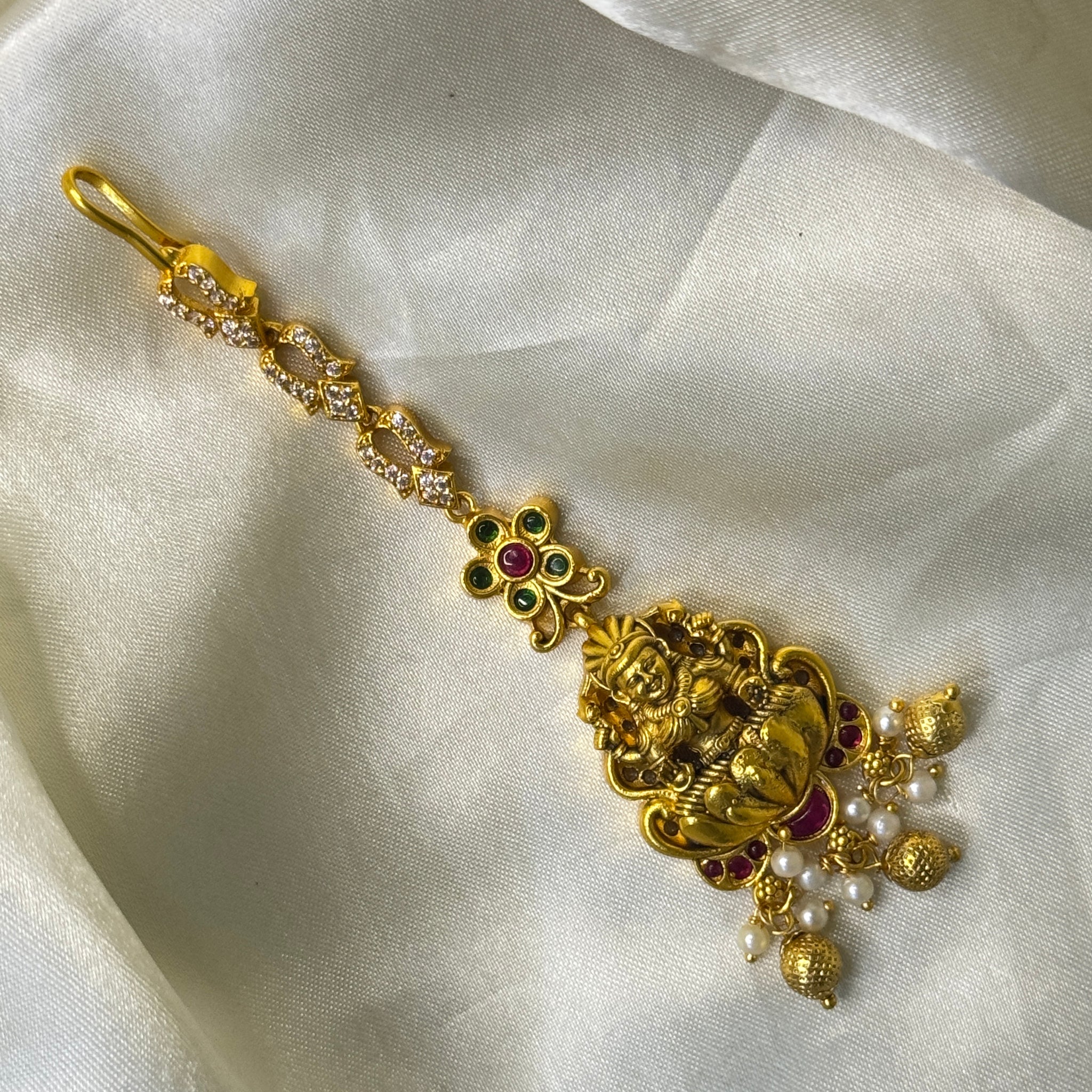 Antique Lakshmi Maangtikka with Stone Accents & Golden Beads