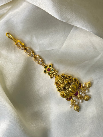 Antique Lakshmi Maangtikka with Stone Accents & Golden Beads