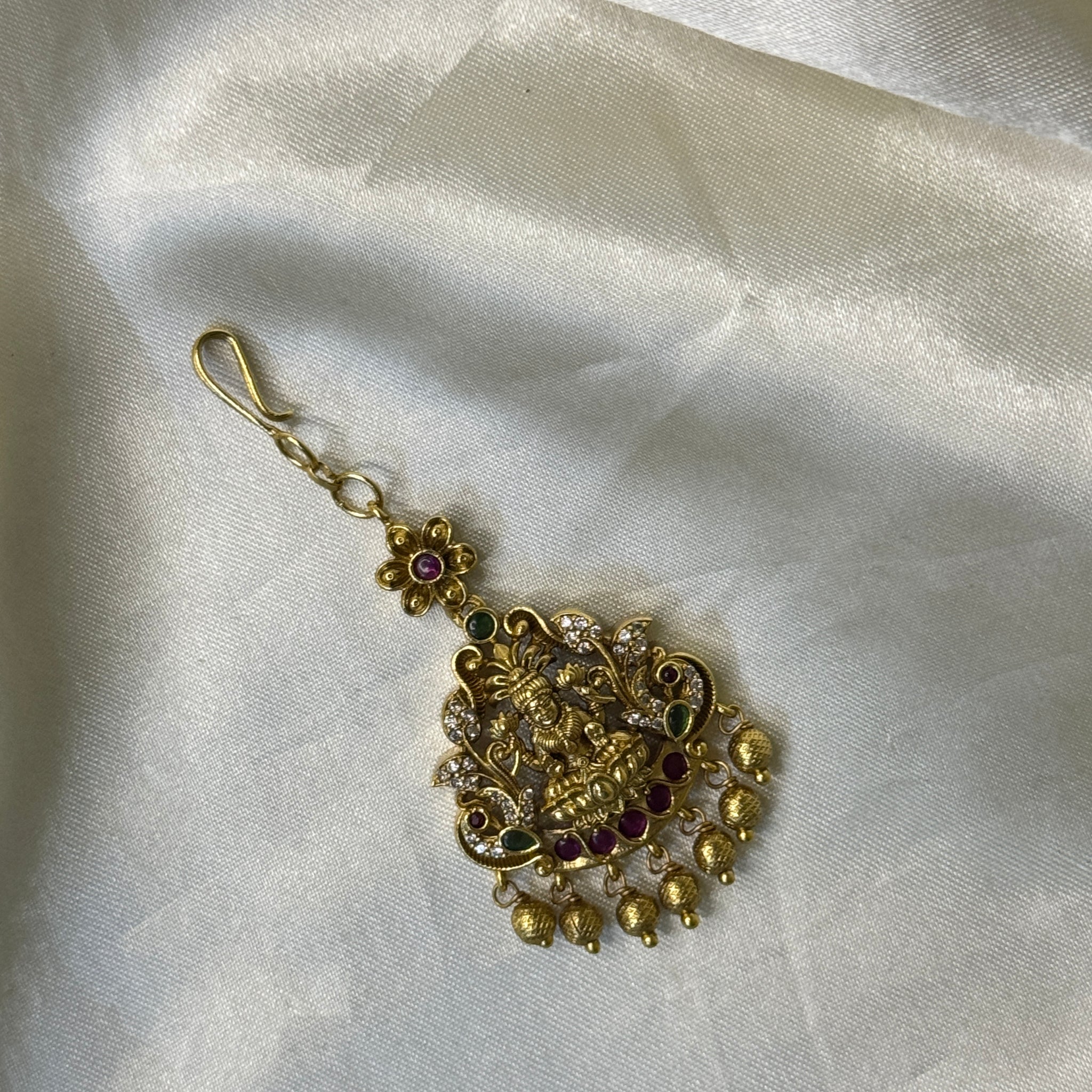 Antique Lakshmi & Peacock Maangtikka with Floral Detailing & Golden Beads - Baby Size