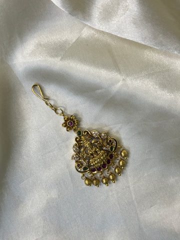 Antique Lakshmi & Peacock Maangtikka with Floral Detailing & Golden Beads - Baby Size