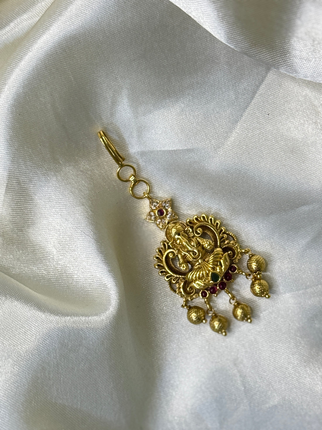 Antique Ganesha Maangtikka with Intricate Detailing & Golden Beads - Baby Size